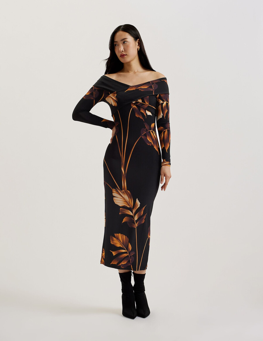 josefen - vestido midi bardot estampado de manga larga