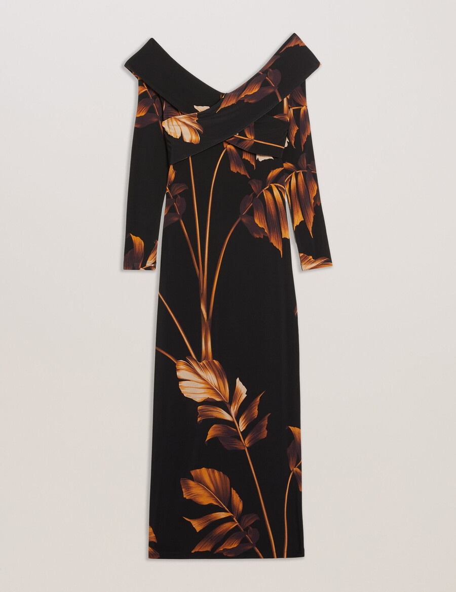 josefen - vestido midi bardot estampado de manga larga