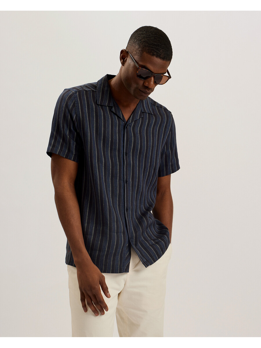 francoi - camisa de manga corta de lino y algodón a rayas