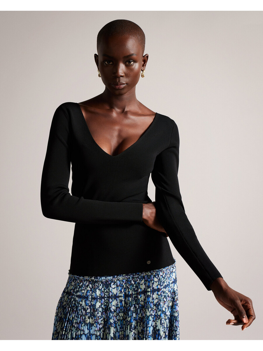 cileste - top de punto ajustado con cuello en v y manga larga