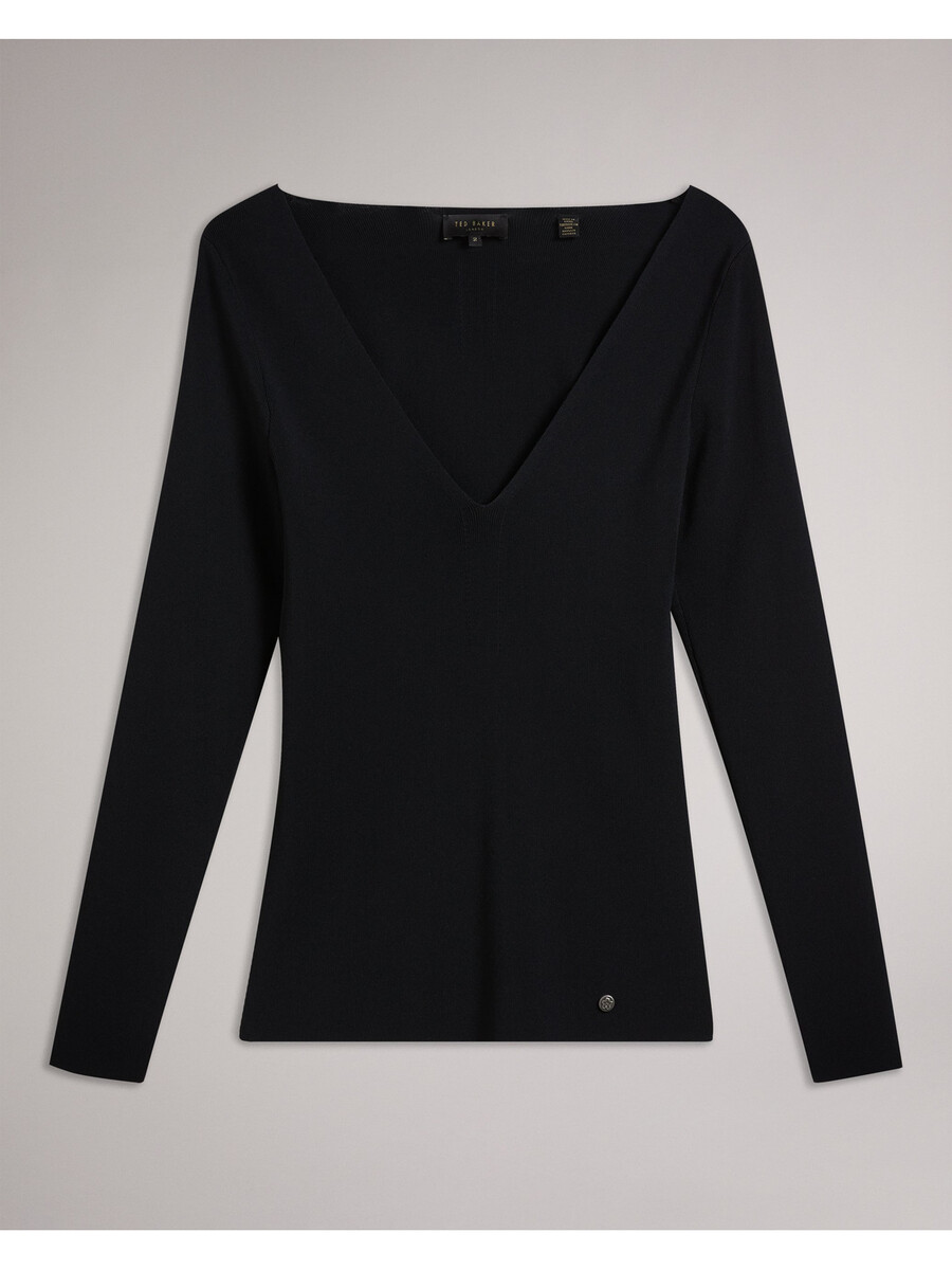 cileste - top de punto ajustado con cuello en v y manga larga