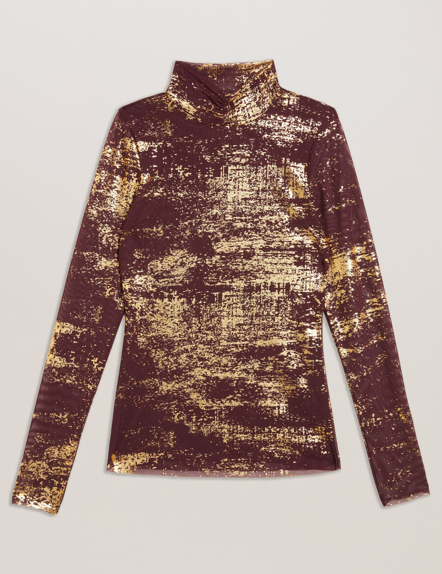 sofiy - top de cuello alto de malla con estampado metalizado